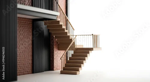 Obraz Wooden Staircase with Brick Wall and Black Door, Architectural Design.
