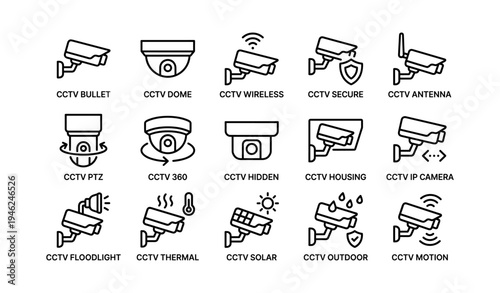 Icon set of cctv cameras with various features and designs