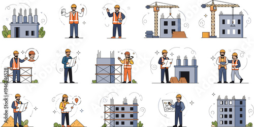 Construction site engineers and workers building modern architecture with cranes and blueprints in a minimalist flat line vector style