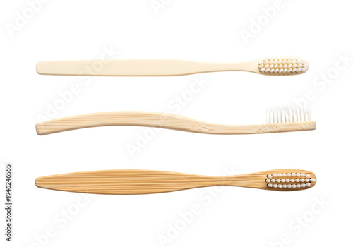 Three Eco-Friendly Toothbrushes, Bamboo and Plastic, for Oral Hygiene Isolated on White