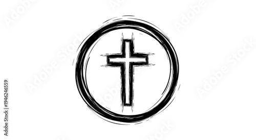 Abstract christian cross symbol inside rough circle religious graphic element