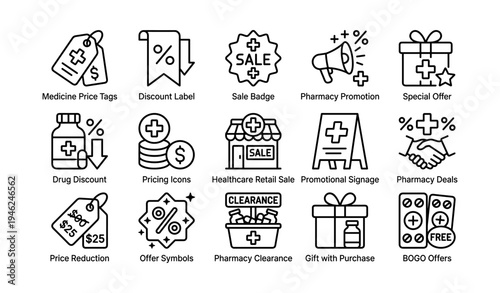 Pharmacy sale icons: discounts, promotions, tags, offers, retail symbols