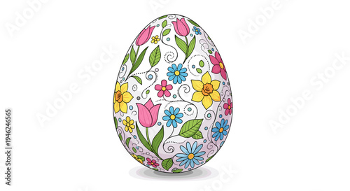 Ornate floral easter egg decorated with spring flowers and swirls on white