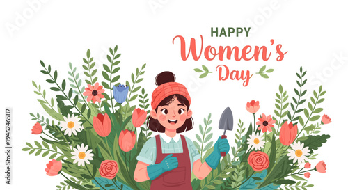 Happy women's day celebration with a woman gardener holding a trowel surrounded