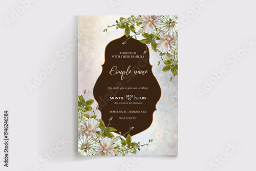WEDDING INVITATION FRAME WITH FLOWER DECORATIONS AND FRESH LEAVES