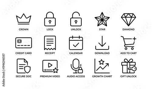 Icon set featuring crown, lock, star, diamond, cart, and more