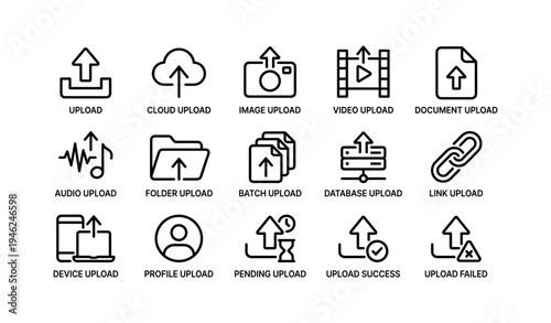 Set of 16 upload icons: cloud, image, video, document, audio, folder, batch, database, link