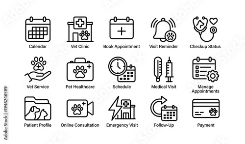 Veterinary icon set: booking, visits, healthcare, reminders, consultations