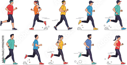 Diverse group of men and women runners jogging in athletic sportswear for fitness and healthy lifestyle flat line vector illustration