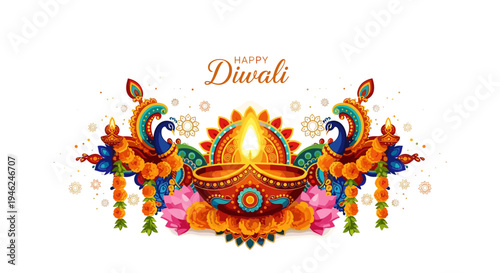 Diwali diya lamp glowing brightly with peacock decorations and floral garlands