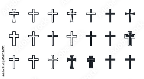 Collection of diverse christian cross symbols in various styles and fill options