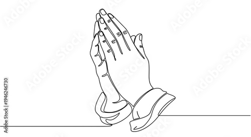 Continuous line drawing of praying hands in a gesture of hope and faith