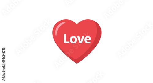 Glossy red heart symbol with love text isolated on white background for romantic