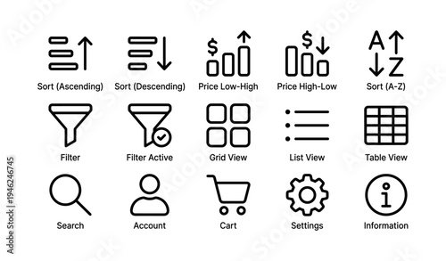 User interface icons: sorting, filters, views, and settings for apps