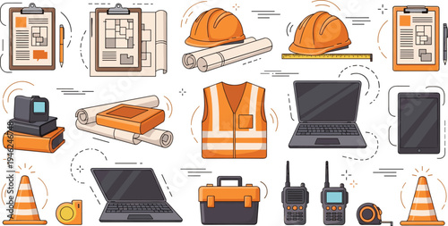 Professional construction and engineering equipment set with hard hats blueprints safety vests tools and digital devices in flat line vector style