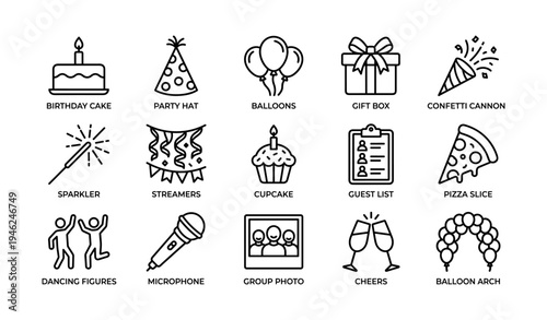 Celebration icons set with birthday cake balloons gift box cupcake pizza slice