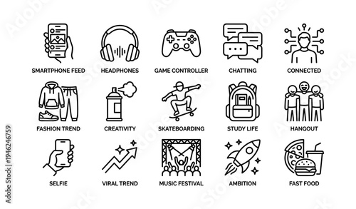 Modern lifestyle icons: technology, fashion, activities, and social trends