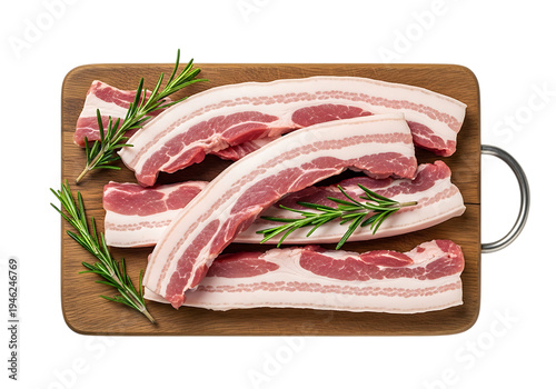Top view of fresh raw streaky pork belly slices with rosemary sprigs on a rustic wooden cutting board, isolated on white.