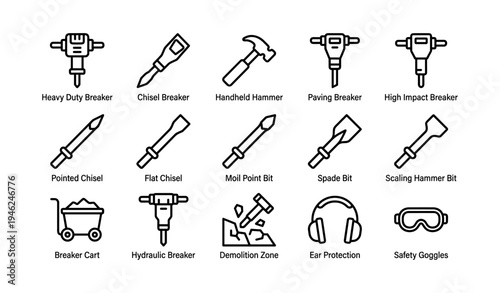 Industrial construction icons set: breakers, chisels, hammers, protection gear