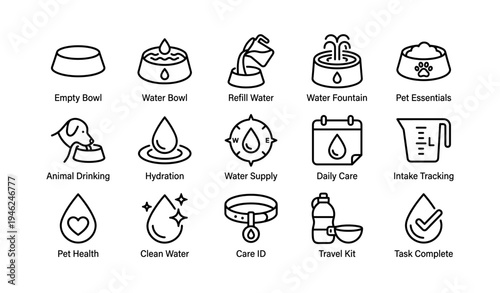Pet hydration and care icons: water bowl, fountain, health, travel kit