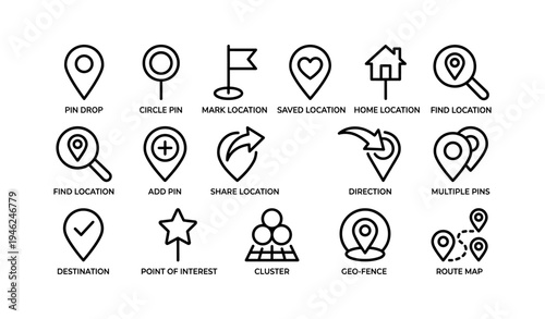 Location and navigation icons set: pins, directions, maps, and points of interest