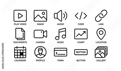 Set of 16 minimalist multimedia and web interface icons in black and white
