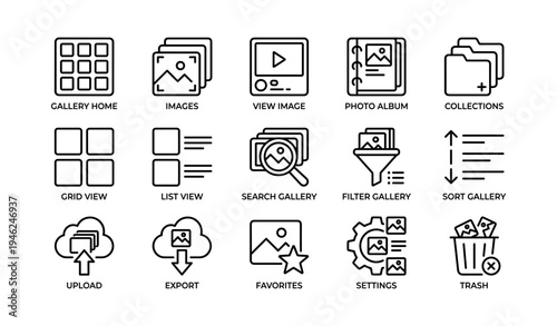 Gallery and media management icons set for digital organization