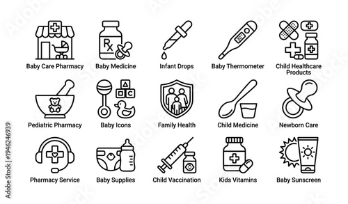 Family health icons: baby care, medicine, vaccination, pharmacy