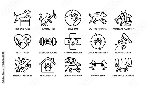 Pet exercise icons: fitness, play, health, activity, care