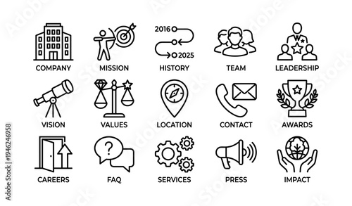 Business icons set representing company vision, mission, team, values, and services