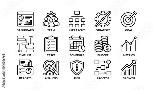 Business and project management icons: dashboard, strategy, schedule, growth
