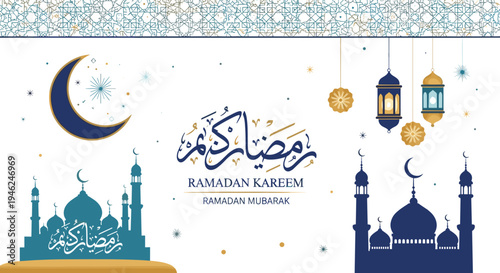 Ramadan kareem islamic holiday greeting with crescent moon mosques and lanterns