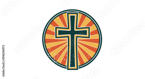 Christian cross symbol in a retro sunburst circle religious iconography for faith