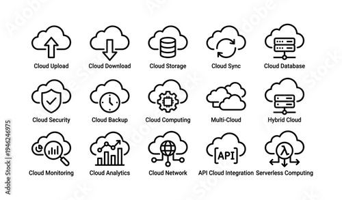 Cloud technology icons: upload, download, storage, security, analytics, and integration