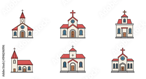 Collection of diverse religious buildings churches and chapels with crosses