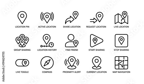 Location and sharing icons set for navigation and social features