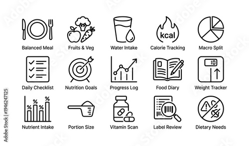 Nutrition and fitness icons for meal planning and health tracking