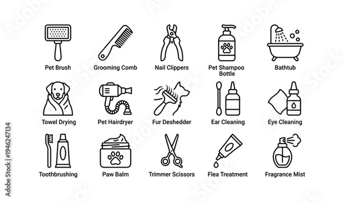 Pet grooming essentials icons featuring brush comb clippers shampoo and more