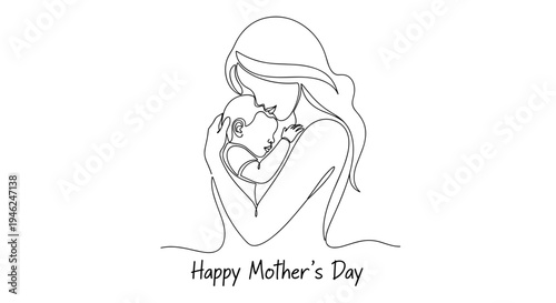Mother holding baby in tender embrace line art illustration happy mother's day