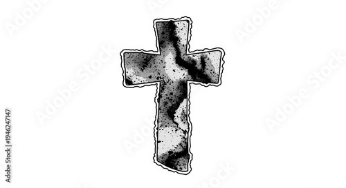Distressed religious cross symbol with rough textured edges and grunge artistic