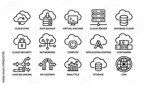 Cloud computing icons: security, storage, networking, virtual machines, and more