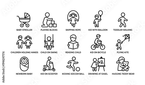 Simple line art illustrations of children engaging in various activities