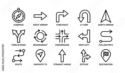 Navigation icons: compass, arrows, routes, directions, destinations