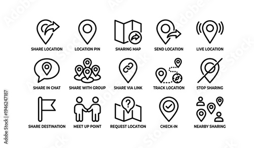 Location sharing icons: map, pin, live, group, track, chat, check-in