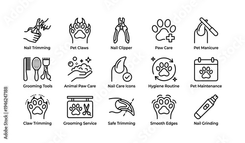 Nail and paw care icons: grooming, clipping, hygiene for pets