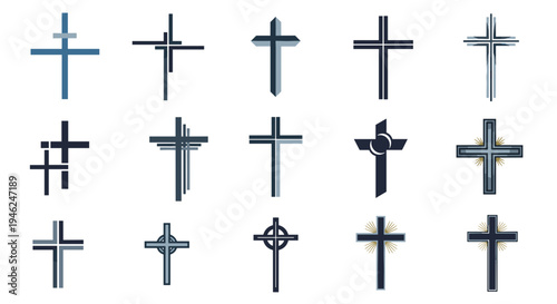 Collection of diverse christian cross symbols representing faith and spirituality