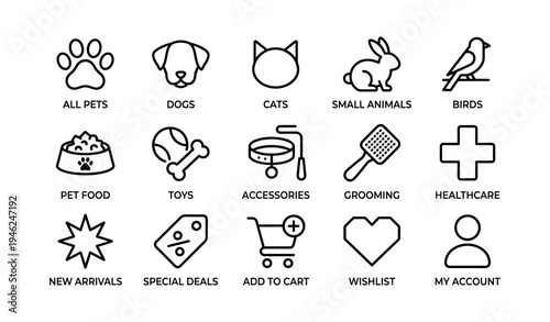 Pet store icons overview: dogs, cats, birds, small animals, and accessories