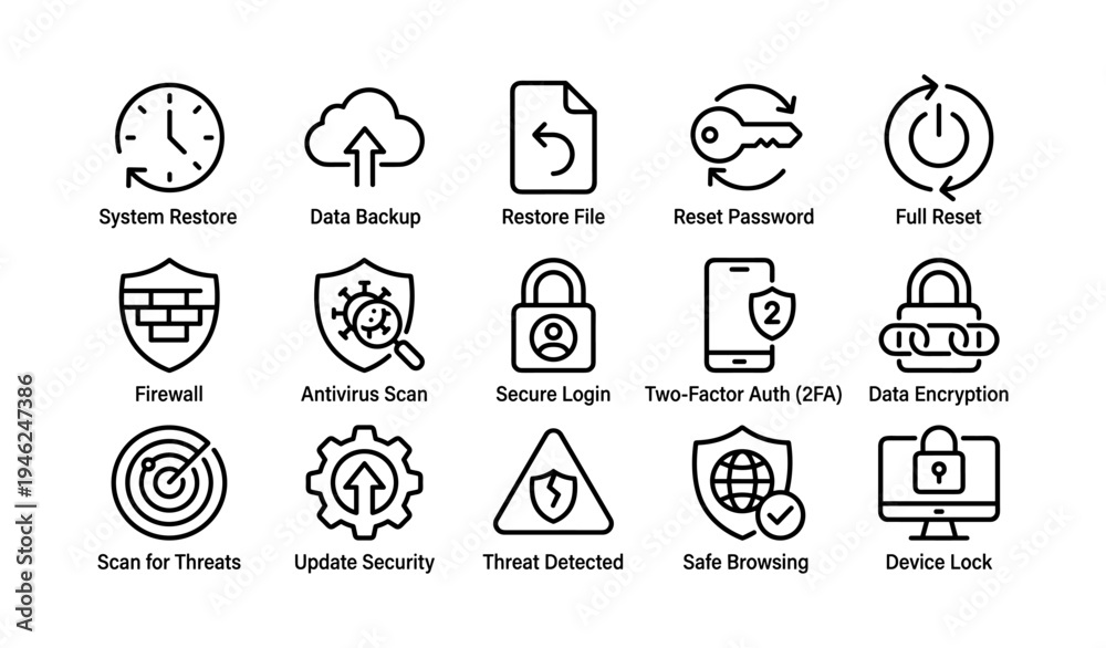 Fototapeta premium Cybersecurity icons: system restore, data backup, antivirus, encryption