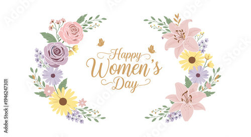 Elegant floral wreath celebrating happy women's day with delicate butterflies