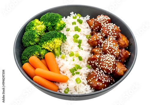Delicious Teriyaki Chicken Bowl with White Rice, Broccoli, Carrots, and Scallions Isolated on White